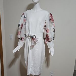 Elegant White Dress with Floral Sleeves